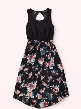 Kismet Black Lace Bodice Floral Asymmetrical Midi Dress